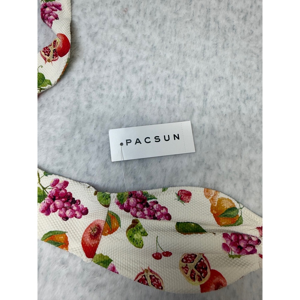 PacSun Eco Fruit Print Bandeau Bikini Top XS Multi Color Textured Wrap Tie NEW - Picture 2 of 5